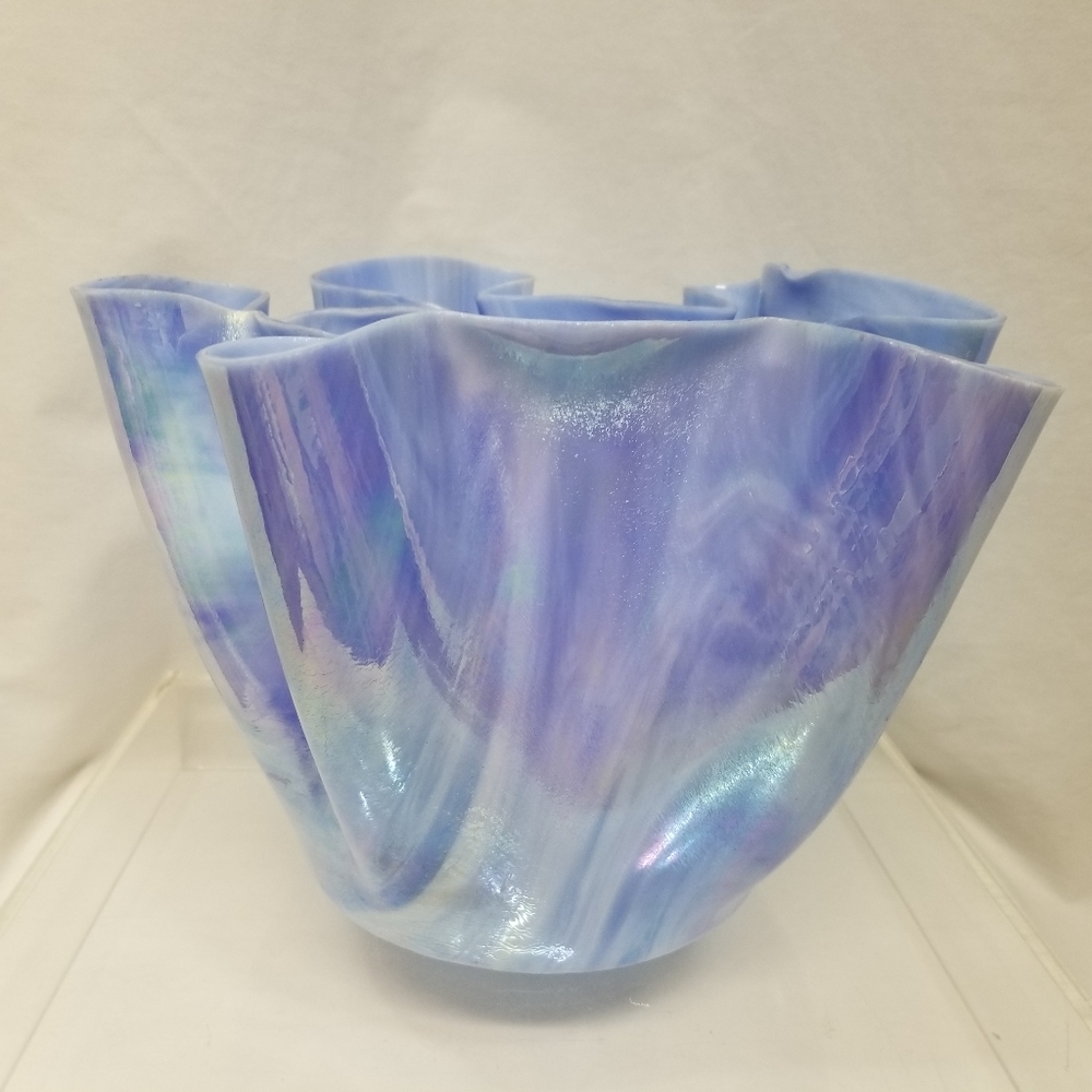 Stained Glass VTG 94' Artist Signed Draped Large Vase Verigated Blue & White